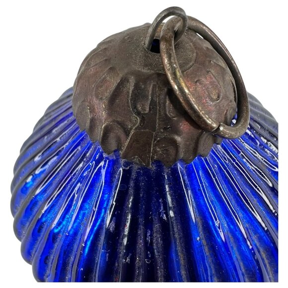 3 Modern Kugel Style Glass Christmas Tree Ornaments Ribbed Red Blue Metal Caps - Picture 10 of 12